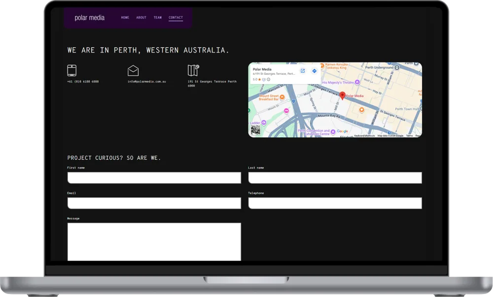 Contact page with Perth office map and enquiry form