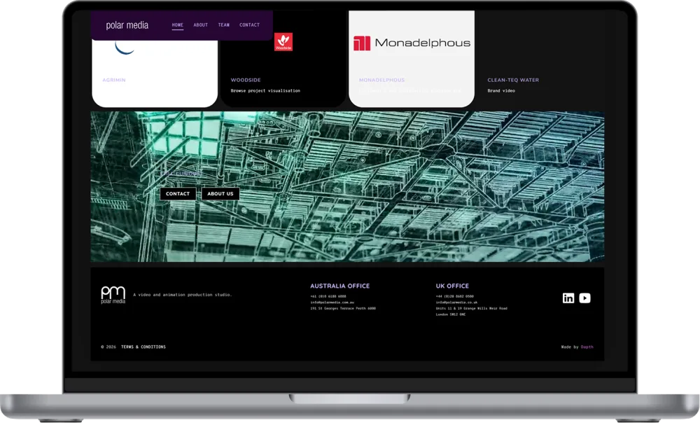 Homepage portfolio grid and dual-office footer