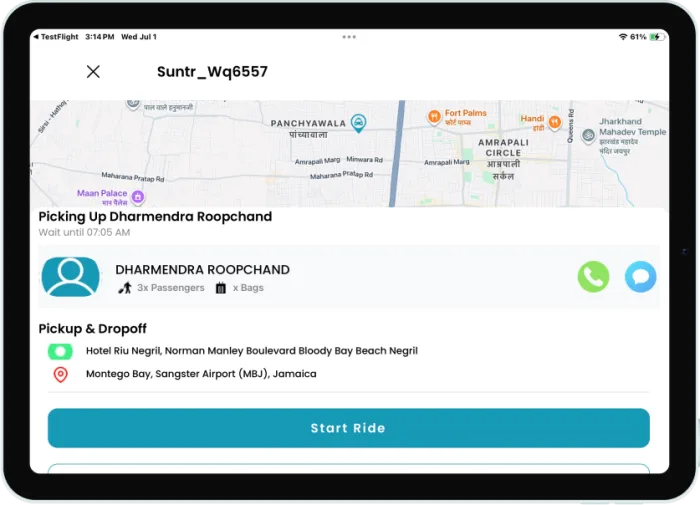 Driver app — live trip and passenger pickup details